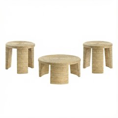 Neutral Rattan 3-Piece Coffee and End Table Set with Round Tops Coastal Style