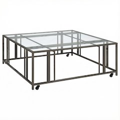 Square Black Glass Top Coffee Table with Casters and Contemporary Style