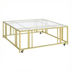 Square Coffee Table Gold Matte Brass Casters Contemporary Design