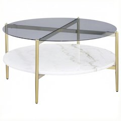 Round Coffee Table Grey with Marble Shelf and Gold Frame Contemporary Design