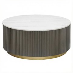 Round White Marble Top Coffee Table, Charcoal Wood Finish Contemporary Design