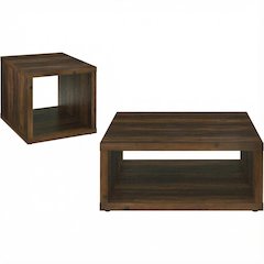 Dark Pine 2-Piece Coffee and End Table Set with Square Shape and Plastic Glide