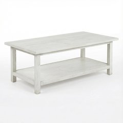 White Farmhouse Wood Coffee Table with Shelf and Rectangular Design