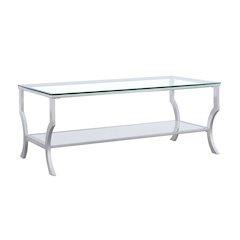 Coffee Table, Glass Top, Chrome Metal, Mirrored Shelf