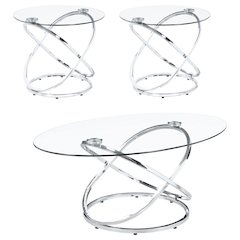 Sculptural 3-Piece Oval Coffee Table Set, Glass Top, Chrome