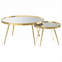 Gold Round Nesting Coffee Tables, Mirror Tops, 2-Piece Set, Contemporary Design