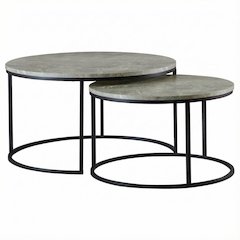 Round Grey Nesting Coffee Tables 2-Piece Set with Faux Marble Tops