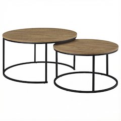 Round Mango 2-Piece Nesting Coffee Table Set, Rustic Design and Plastic Glide