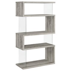 Gray Modern Geometric 4 Tier Bookshelf with Glass Panel Shelves