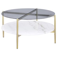Jonelle Round Glass Top Coffee Table White Marble Shelf Gold