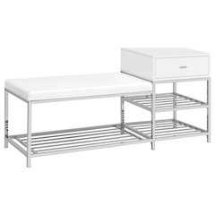 Siega 1-Drawer Shoe Storage Entryway Bench White High Gloss and Chrome
