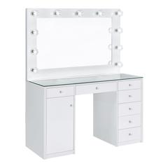 Vanity Desk with Mirror and Lights, 7-Drawer Glass Top Makeup Vanity