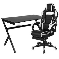 Black Gaming Desk with Cup Holder/Headphone Hook/2 Wire Management Holes & White Reclining Back/Arms Gaming Chair with Footrest