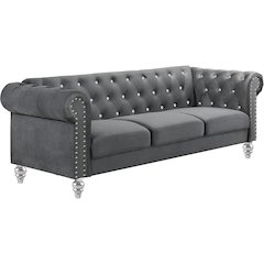 Velvet Fabric Sofa with Rolled Arms in Gray, Elegant Living Room Seating