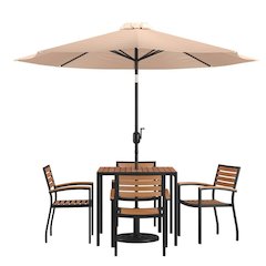 7 Piece Outdoor Patio Table Set with 4 Synthetic Teak Stackable Chairs, 35" Square Table, Tan Umbrella & Base