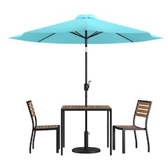 5 Piece All-Weather Deck or Patio Set with 2 Stacking Faux Teak Chairs, 35" Square Faux Teak Table, Teal Umbrella & Base