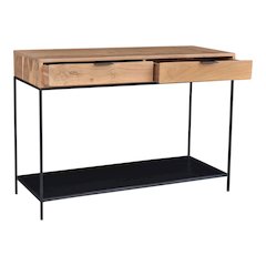 Solid Teak Wood Console Table, Iron Frame Entryway Furniture with 2 Drawers