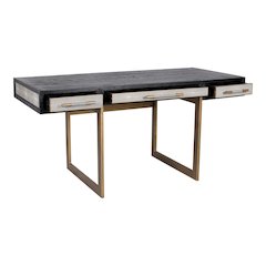 Modern Home Office Desk – Solid Black Oak Frame, 3 Drawers, Brass Gold Accents