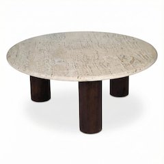 Beige Travertine Stone Coffee Table with Mango Wood Frame and Matte Finish