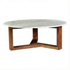 White Satwaria Marble Coffee Table with Solid Acacia Base Scandinavian Style