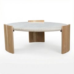 White Marble Coffee Table with Solid Oak Legs and Art Deco Style