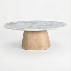 White Marble Coffee Table, Ashen Grey Raj Marble Top, Oak Veneer Plywood Surface