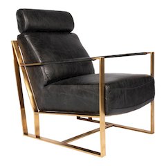 Mid Century Modern Rustic Armchair with Black Leather Seat and Gold Frame