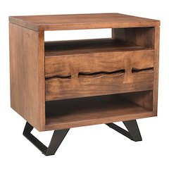 Brown Wood Nightstand – Unique Natural Bedside Table with Drawer and Steel Legs