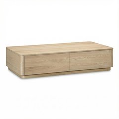 Brown Oak Veneer Coffee Table with Four Drawers and Rubber Wood Base