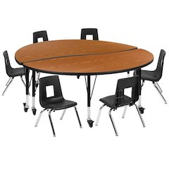 60" Circle Wave Flexible Laminate Activity Table Set with 14" Student Stack Chairs, Oak/Black