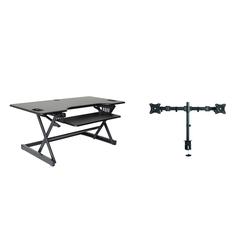 Rocelco 46" Large Height Adjustable Standing Desk Converter with Double Monitor Mount BUNDLE - Quick Sit Stand Up Computer Workstation Riser - Retractable Keyboard Tray - Black (R DADRB-46-DM2)