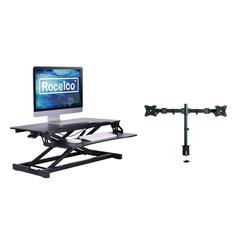 Rocelco Standing Desk Converter with Dual Monitor Mount - 31.5 Inch Sit Stand Up Tabletop Riser with Tablet Holder, Height Adjustable Workstation - Deep Keyboard Tray for Laptop - Black (R VADRB-DM2)