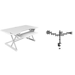 Rocelco 46" Large Height Adjustable Standing Desk Converter with Triple Monitor Mount BUNDLE - Quick Sit Stand Up Computer Workstation Riser - Retractable Keyboard Tray - White (R DADRW-46-DM3)
