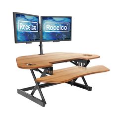 Rocelco 46" Large Height Adjustable Corner Standing Desk Converter - Quick Sit Stand Up Dual Monitor Riser - Gas Spring Assist Computer Workstation - Wide Keyboard Tray - Teak Wood Grain (R CADRT-46)