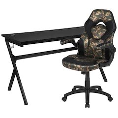 Gaming Desk and Camouflage/Black Racing Chair Set /Cup Holder/Headphone Hook/Removable Mouse Pad Top - 2 Wire Management Holes