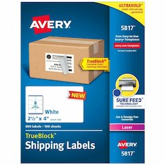 Avery&reg; Printable Shipping Labels, 2.5" x 4" , 800 Labels (5817) - x 2 1/2" Width x 4" Length - Permanent Adhesive - Rectangle - Laser - Matte - White - Paper - 8 / Sheet - 100 Total Sheets - 800 T