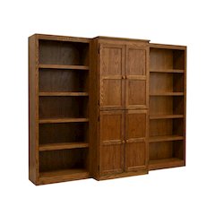 Dry oak finish wall and storage system with 15 shelves and durable construction