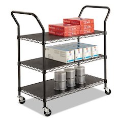 Wire Utility Cart, Metal, 3 Shelves, 600 lb Capacity, 43.75" x 19.25" x 40.5", Black