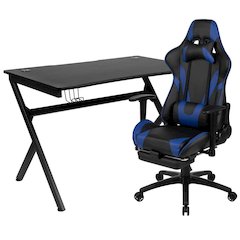 Black Gaming Desk and Blue Footrest Reclining Gaming Chair Set with Cup Holder, Headphone Hook & 2 Wire Management Holes