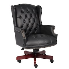 Black Faux Leather Office Chair, Executive Chair With Wood Accents On Base