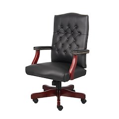 Tufted Executive Desk Chair in Black Faux Leather With Mahogany Base