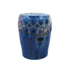 Ceramic Garden Stool, Navy Blue Tasseled Drum, Indoor/Outdoor Accent