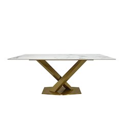 White Slate Marble Dining Table with Matte Gold Base