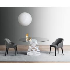 Round Clear Glass Dining Table with White Metal Base