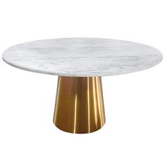 54'' White And Gray Vein Marble Table With Brushed Gold Base