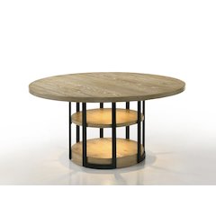 59" Round Rustic Oak Dining Table with LED Light, Black Metal Frame, Shelves