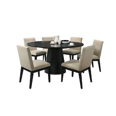 Jasper Ebony Black 7 Piece 59"W Round Dining Table Set with Beige Fabric Chairs