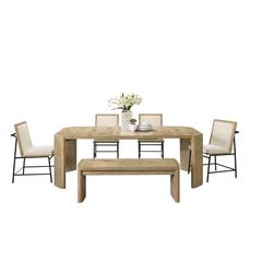 6 Piece Oak Finish 84" Extendable Rectangular Dining Table Set with Dining Bench