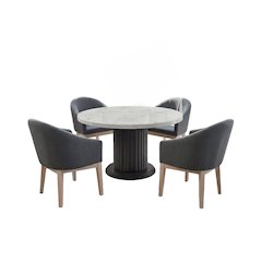 5-Piece Round Dining Table Set with 54" White Top & 4 Gray Barrel Chairs