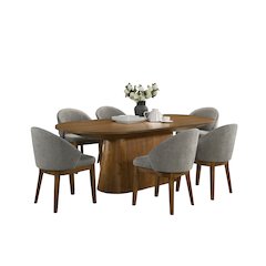 Andrew 7-Piece Dining Set, 88-in Walnut Pedestal Table with 6 Light Gray Chairs
